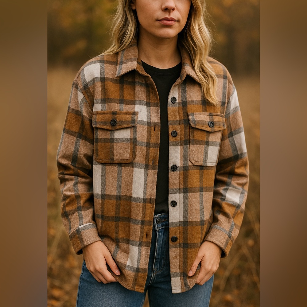 Automet Women’s Plaid Shacket Jacket Brown White Oversized Fall Layering Piece L